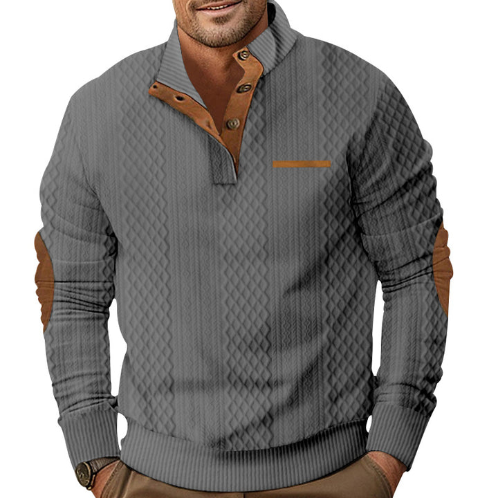 Herren Strukturiertes Kabelstrick-Sweatshirt mit Halbknopfblende, Kunstleder‑Patchtasche & Ellbogenpatches Drune