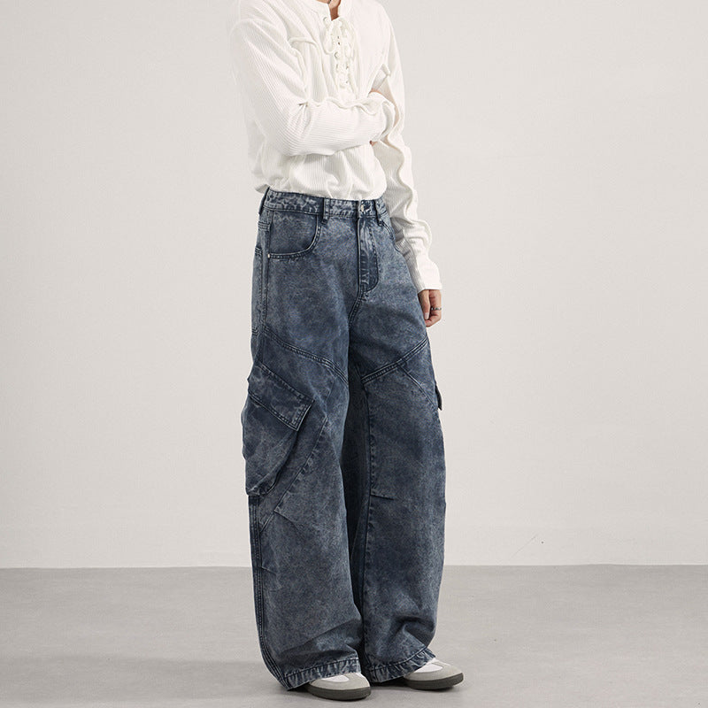 Damen Extraweite Cargo-Denim-Palazzohose mit diagonalem Nahtdesign und großen Klappentaschen Drune