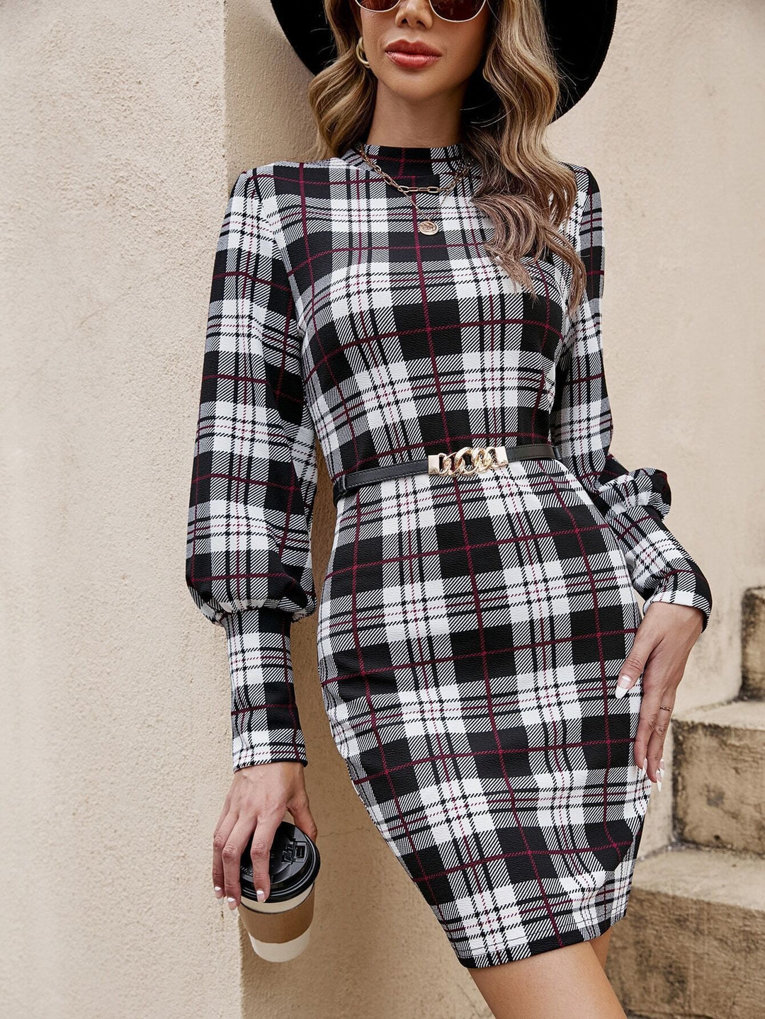Damen Tailliertes Karo-Minikleid mit Stehkragen, Ballonärmeln und Ziergürtel Drune