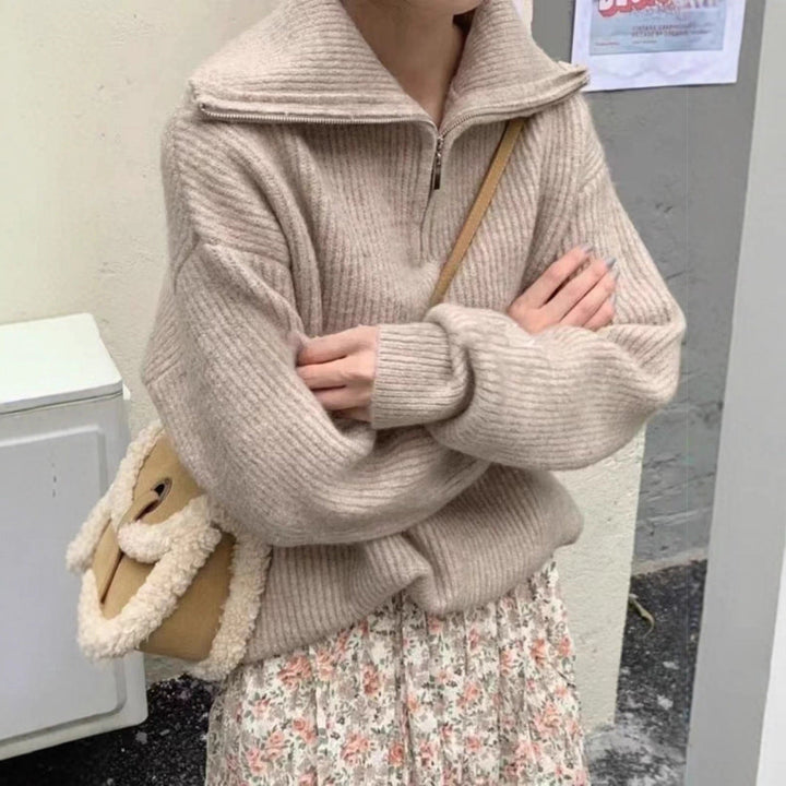 Damen Leichter Strickpullover mit hohem Kragen und Reißverschluss Drune