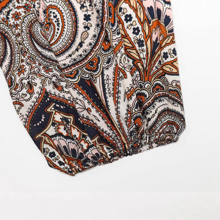 Damen Boho-Paisley-Bluse mit V-Ausschnitt, gerafften Schultern und Tunnelzugsaum Drune