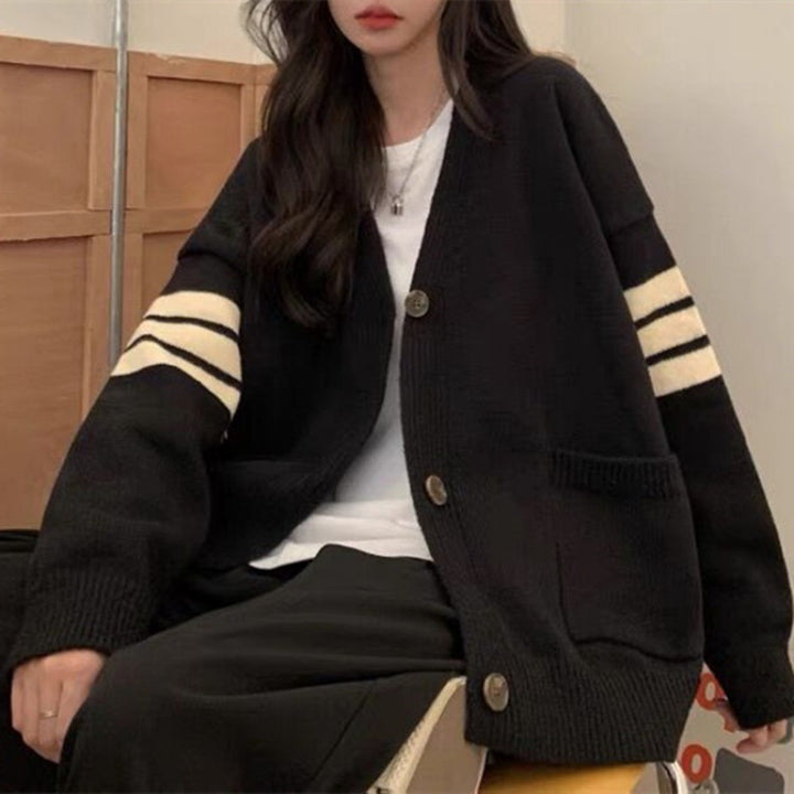 Damen Strickcardigan mit lässigen Taschen und kontrastierenden Streifen Drune
