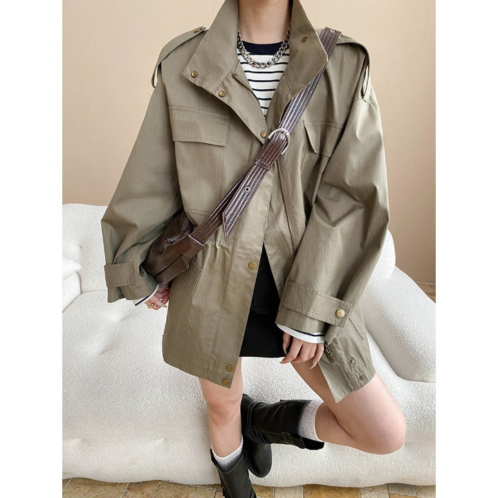 Damen lässige Übergangsjacke mit praktischen Taschen und verstellbarem Hüftzug Drune