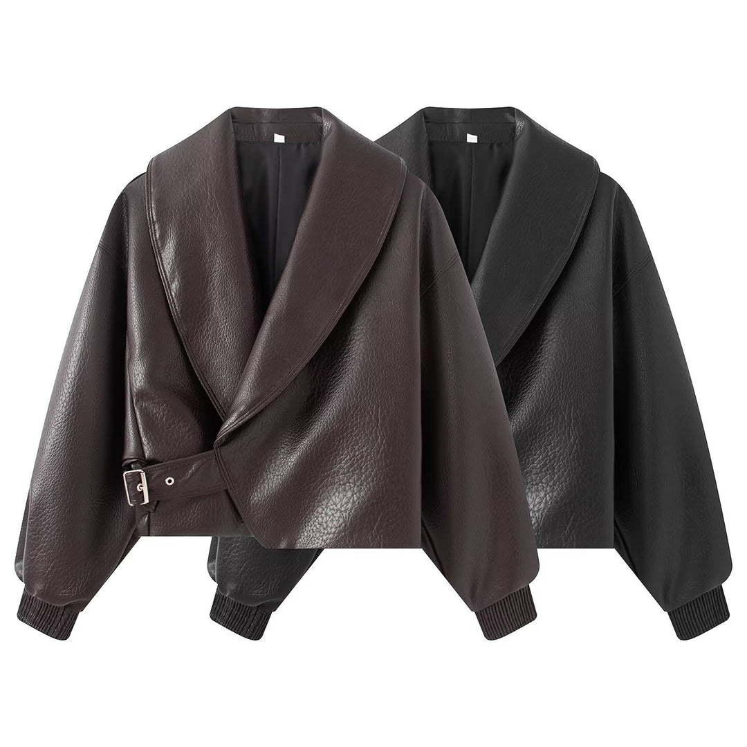 Damen Boxy Cropped Blousonjacke aus Kunstleder mit überlappendem Schalkragen und Taillenriemen Drune
