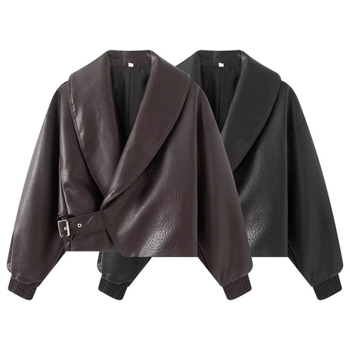 Damen Boxy Cropped Blousonjacke aus Kunstleder mit überlappendem Schalkragen und Taillenriemen Drune