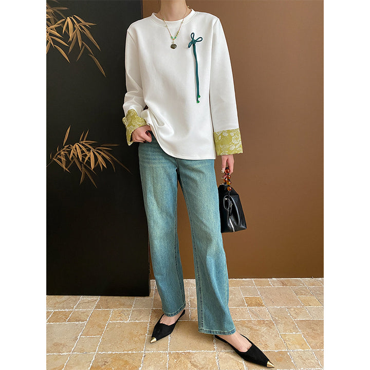 Damen modisches Langarmshirt mit floralem Kragen und dekorativem Detail Drune