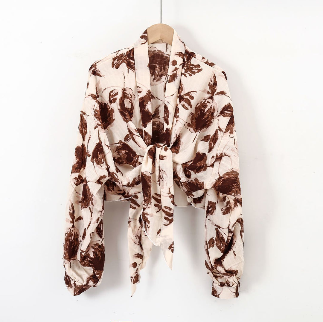 Damen nan florale Knoten-Bluse im Wickelstil mit Ballonärmeln und leichter Leinenoptik Drune