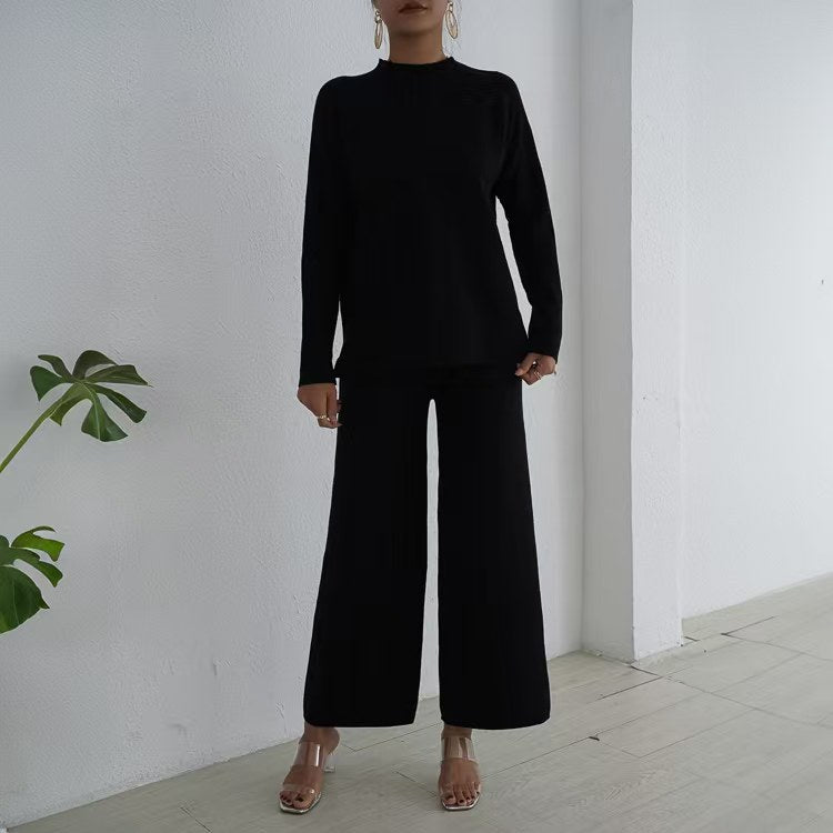 Damen elegantes und lässiges Strick-Loungewear-Set mit hohem Kragen und weiten Beinen Drune
