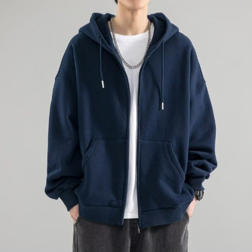 Herren nan Oversize-Kapuzenjacke mit durchgehendem Reißverschluss, doppellagiger Kapuze und Kängurutaschen Drune