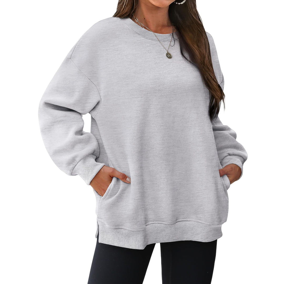 Damen nan verlängertes Oversize Rundhalspullover mit seitlichen Eingrifftaschen, Rippbündchen und überschnittener Schulter Drune