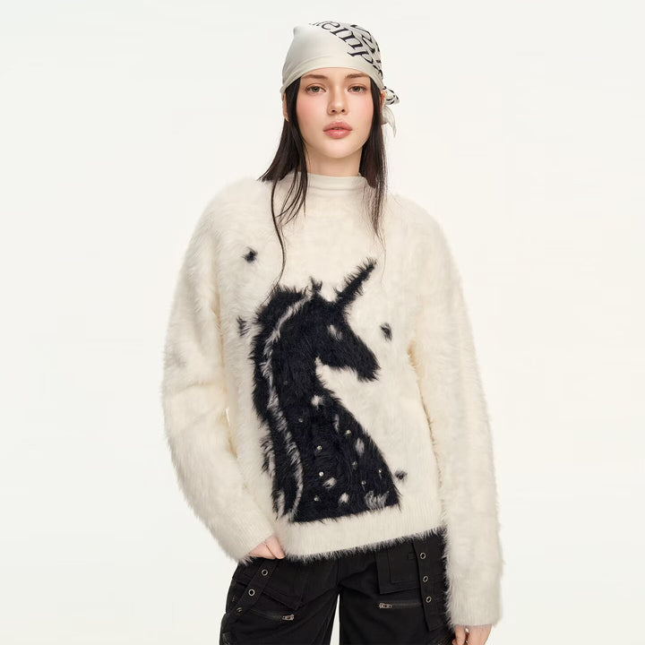Damen Gemütlicher Grobstrickpullover mit Einhornmotiv Drune