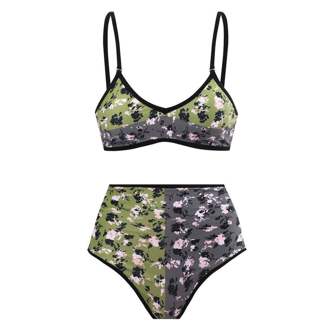 Damen Hochgeschnittener Bikini mit floralem Muster und kontrastierendem Detail Drune