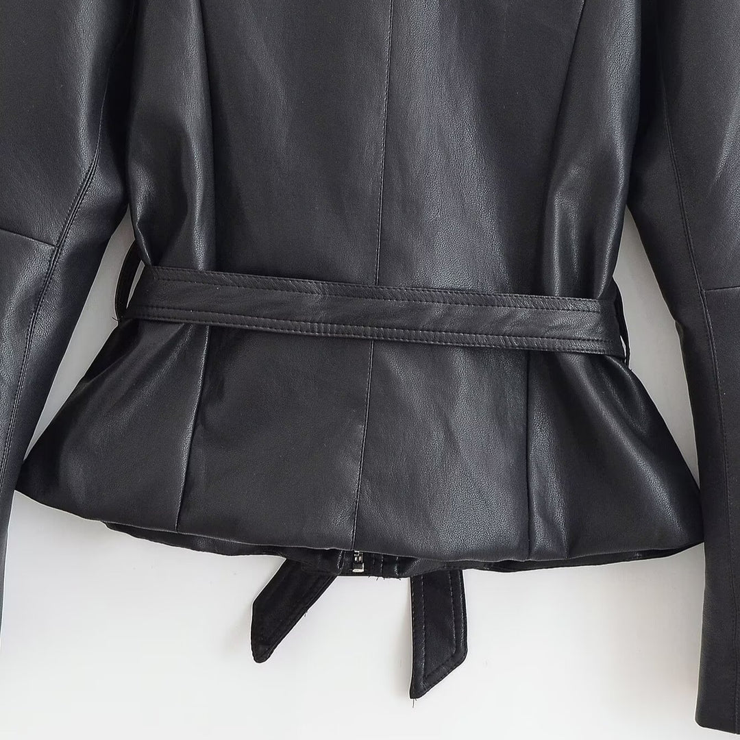 Damen Taillierte Lederoptik-Jacke mit Bindegürtel und Ballonärmeln Drune