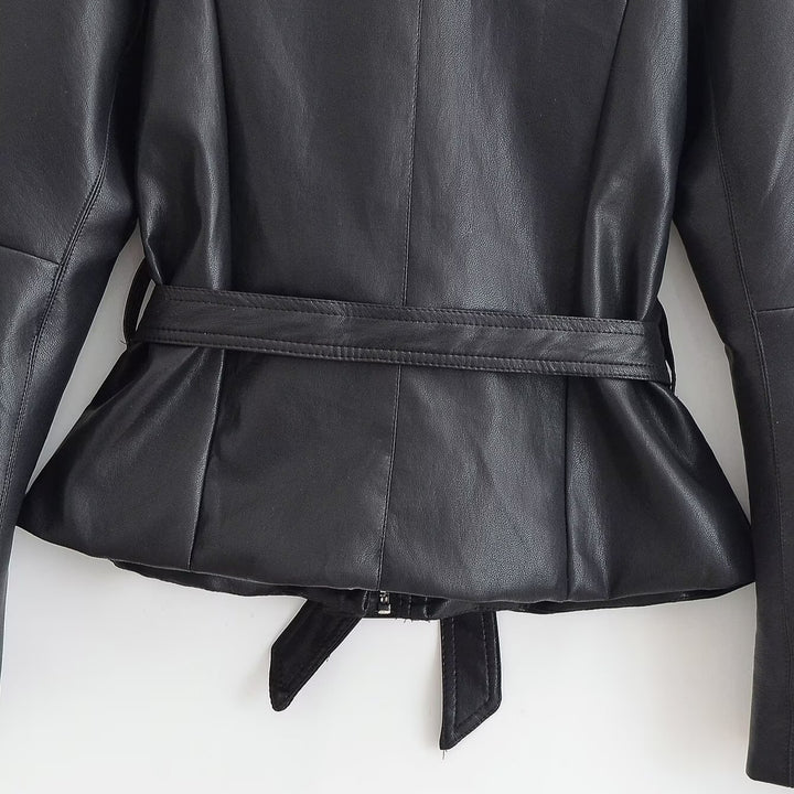 Damen Taillierte Lederoptik-Jacke mit Bindegürtel und Ballonärmeln Drune