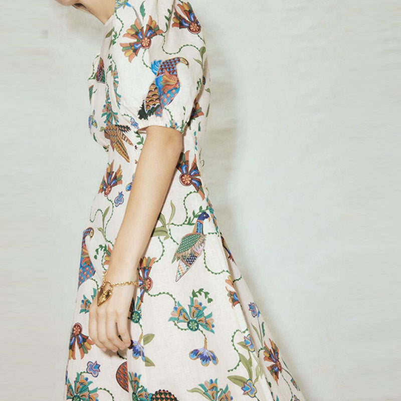 Damen Maxikleid mit kunstvollem Blumenmuster und voluminösen Ärmeln Drune