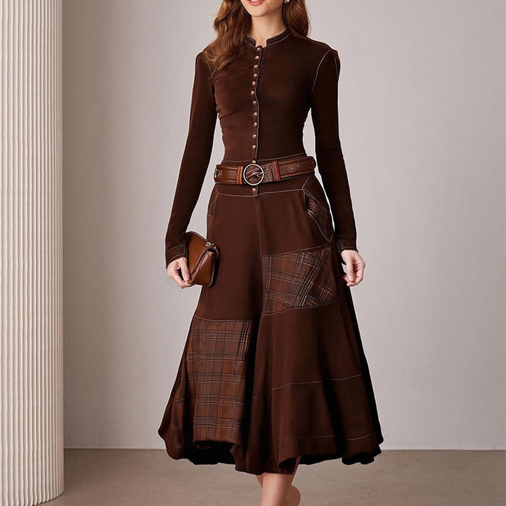Damen Elegantes Midi-Kleid mit Knopfleiste und Kontrastdetails Drune