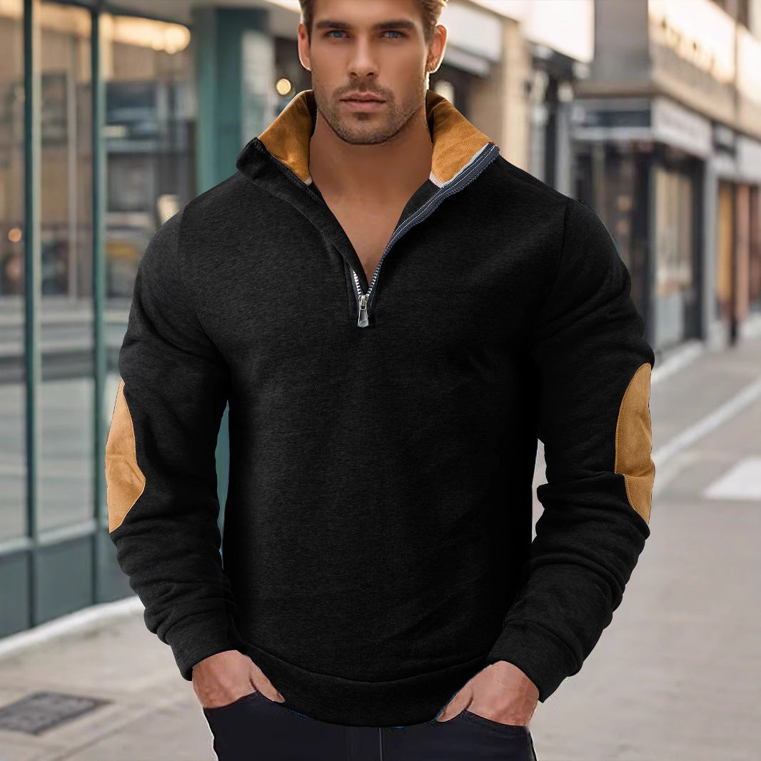 Herren nan Kurzzip-Stehkragenpullover mit Kontrastkragen und Wildleder-Ellenbogenpatches Drune