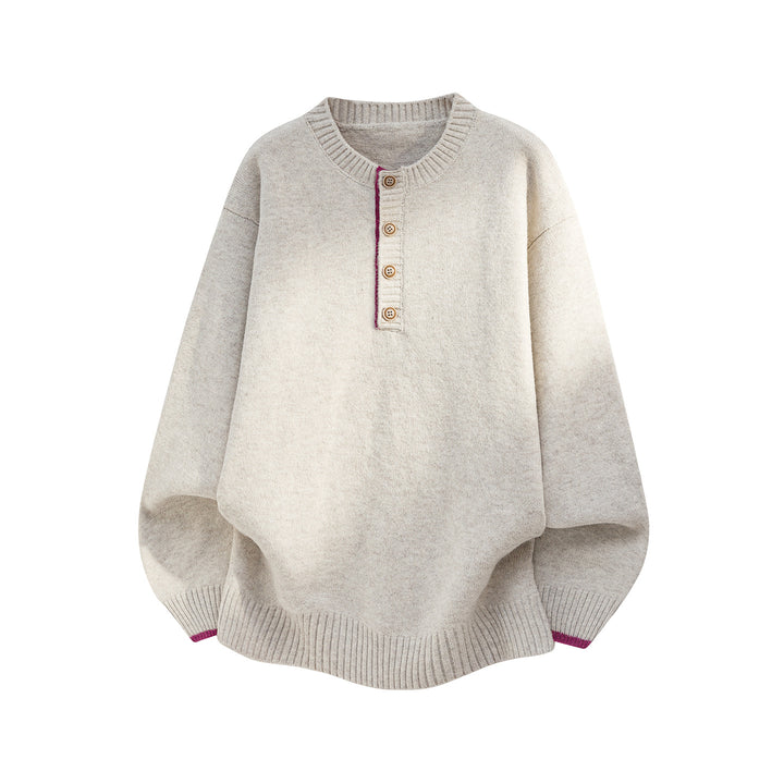 Damen Oversize Strickpullover mit Henley-Knopfleiste und kontrastierten Bündchen Drune
