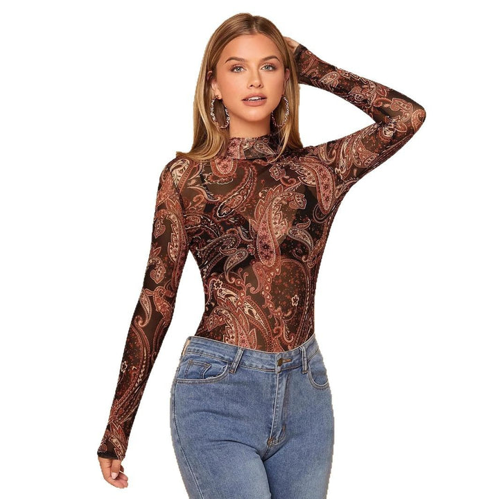 Damen nan figurbetontes halbtransparentes Paisley-Meshshirt mit Stehkragen und langen Ärmeln Drune