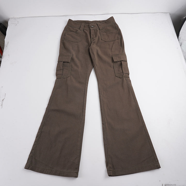 Damen nan Cargo-Flared-Hose mit hochgeschnittener Taille, aufgesetzten Beintaschen und ausgestelltem Bein Drune