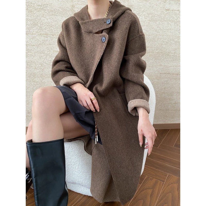 Damen eleganter Wickelmantel mit aufwendigen Kragendetails und warmen Futter Drune