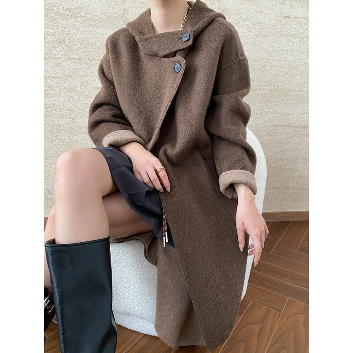 Damen eleganter Wickelmantel mit aufwendigen Kragendetails und warmen Futter Drune