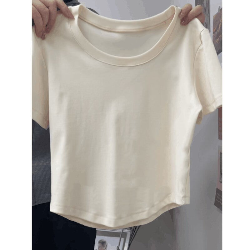 Damen Cropped Kurzarm Basic T-Shirt Drune