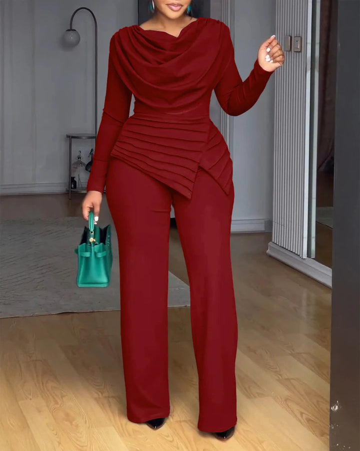Damen Zweiteiliges Ensemble mit Wasserfall-Drapé-Oberteil, abgestuftem Peplum und gerader Bundfalten-Hose Drune