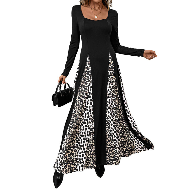 Damen Maxikleid mit Paneeloptik und kontrastierenden Leopard‑Print‑Einsätzen Drune