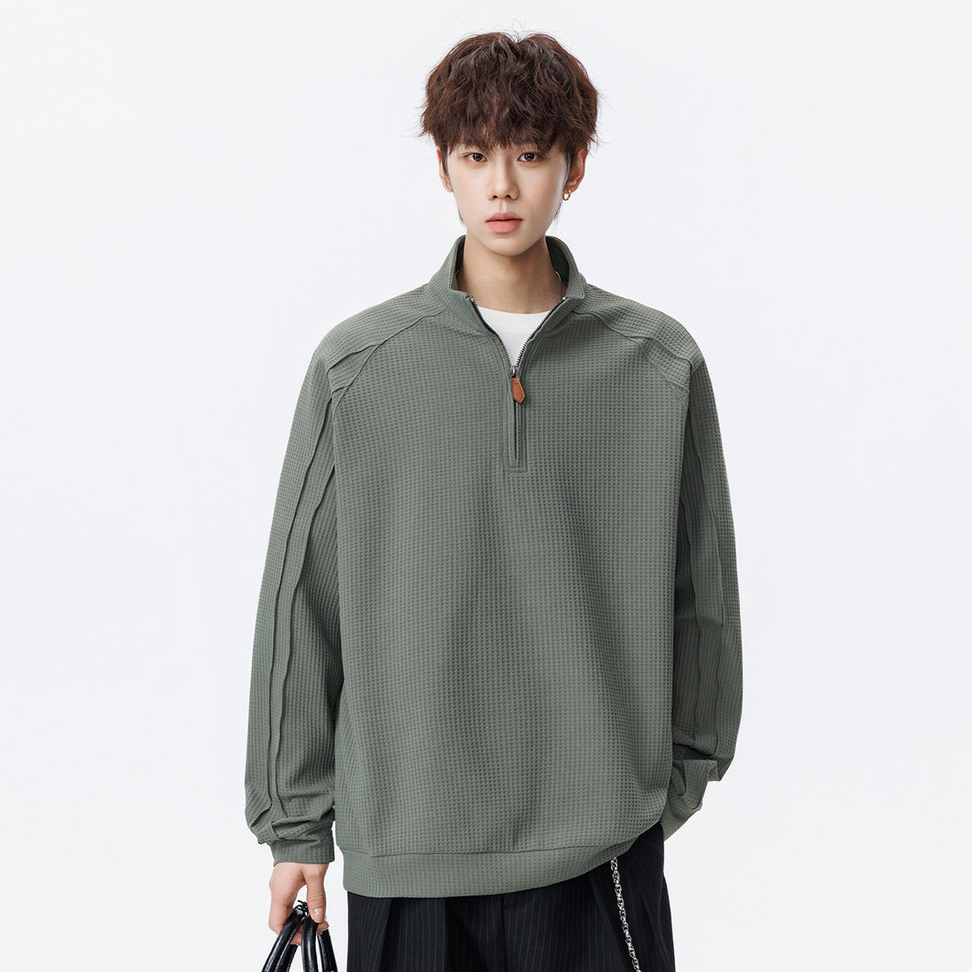 Unisex Waffelstruktur-Halbzip-Pullover mit Stehkragen und Oversized-Schnitt Drune