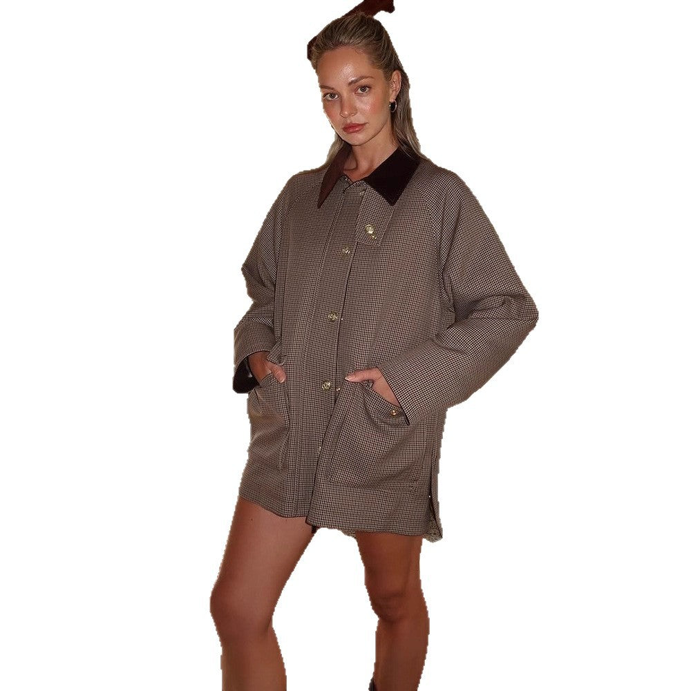 Damen Oversize-Boxy-Jacke im Glencheck mit Samtkragen und goldenen Zierknöpfen Drune