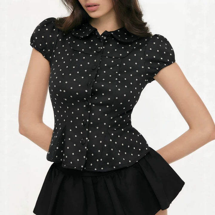 Damen Karo-Bluse mit Bubikragen, Taillierter Peplum-Silhouette und Puffärmeln Drune