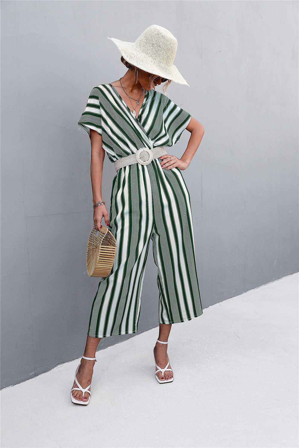 Damen eleganter Jumpsuit mit V-Ausschnitt, breiten Ärmeln und anisstreifendem Design Drune