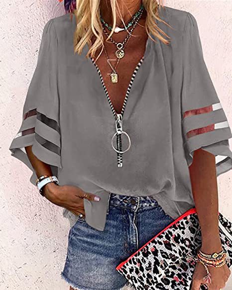 Damen V‑Ausschnitt Bluse mit dekorativem Ringreißverschluss und Cut-Out-Ärmeln Drune