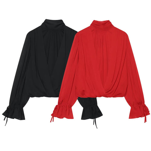 Damen Wickel-Cropped-Bluse mit Stehkragen und Volumenärmeln Drune