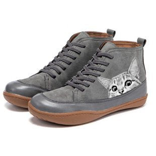 Damen nan knöchelhohe Sneaker mit niedlichem Katzenmotiv Stickerei und ergonomischem Komfortfußbett Drune