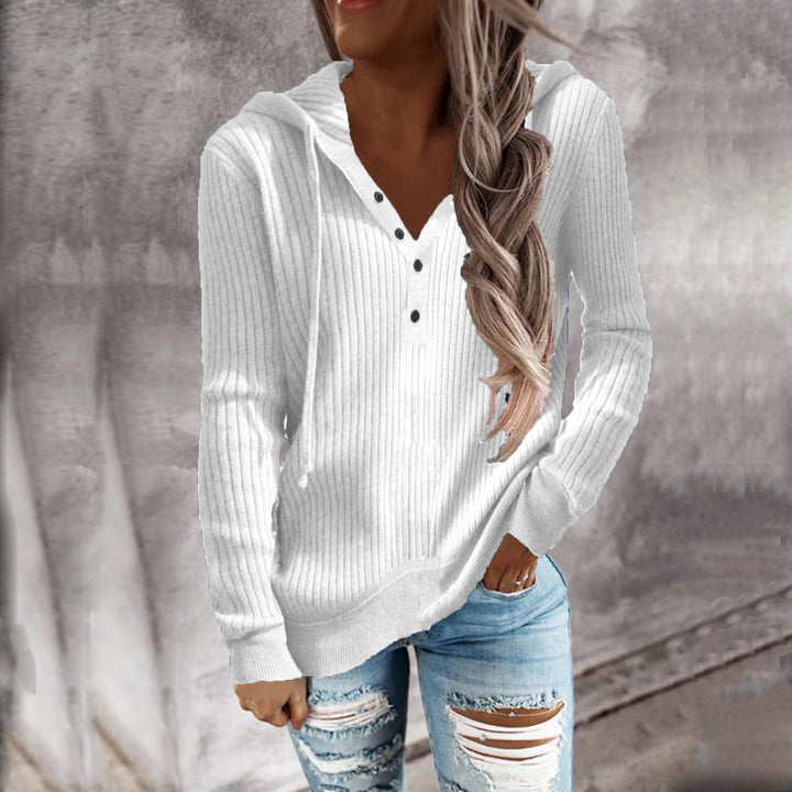 Damen Lässiger gerippter Hoodie-Pullover mit Henley-Knopfleiste und Tunnelzug Drune