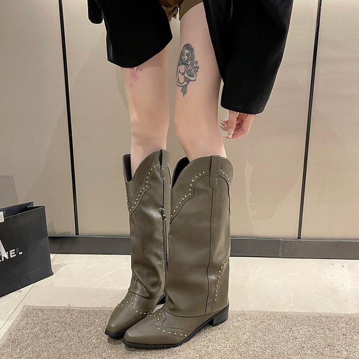 Damen Cowboy-Stiefel mit dekorativen Nieten und komfortablem Blockabsatz Drune