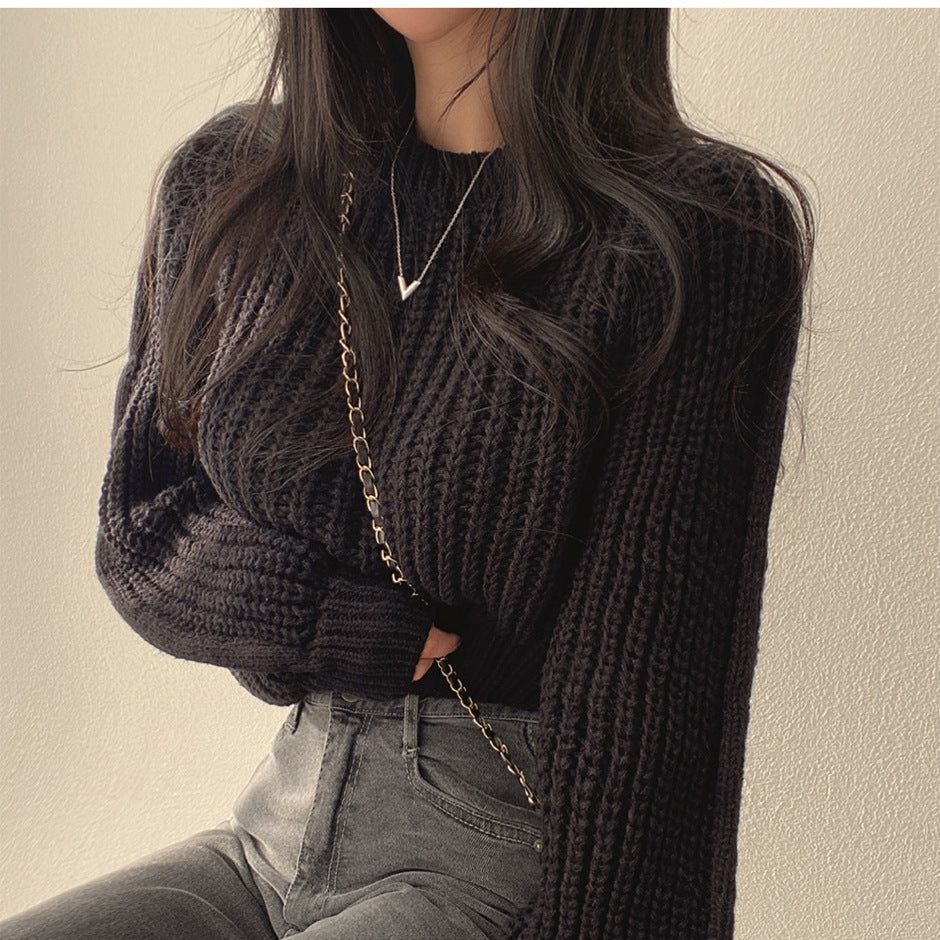 Damen grob gestrickter Pullover mit voluminösen Ärmeln und strukturierter Textur Drune