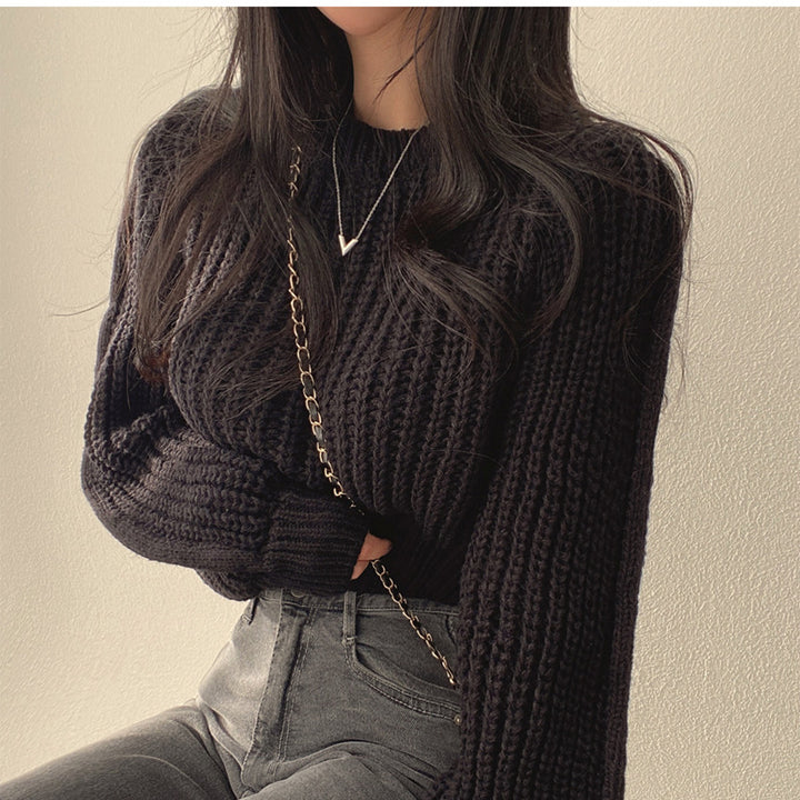 Damen grob gestrickter Pullover mit voluminösen Ärmeln und strukturierter Textur Drune