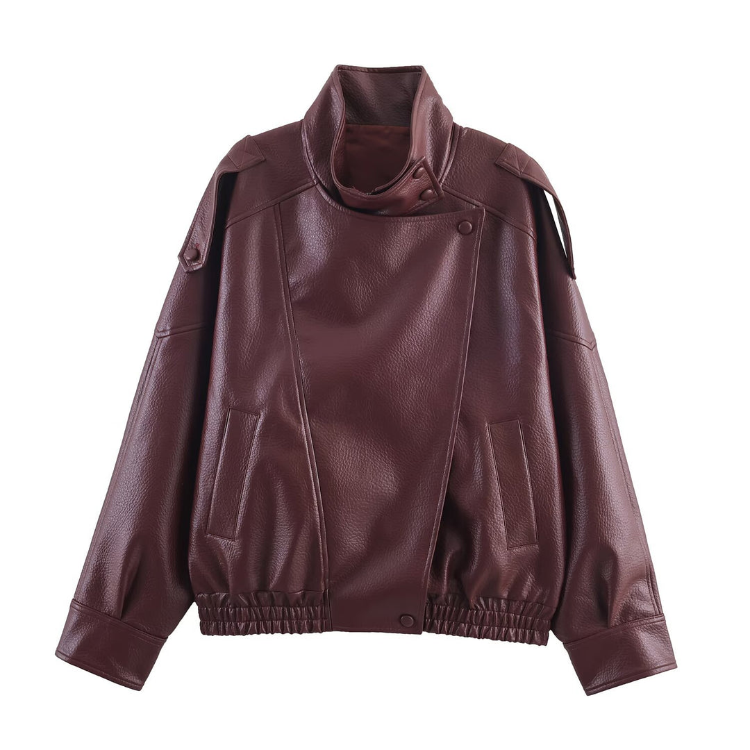 Damen 3400+ Cropped Kunstleder‑Blouson mit asymmetrischer Druckknopfleiste, hohem Stehkragen und elastischem Saum Drune