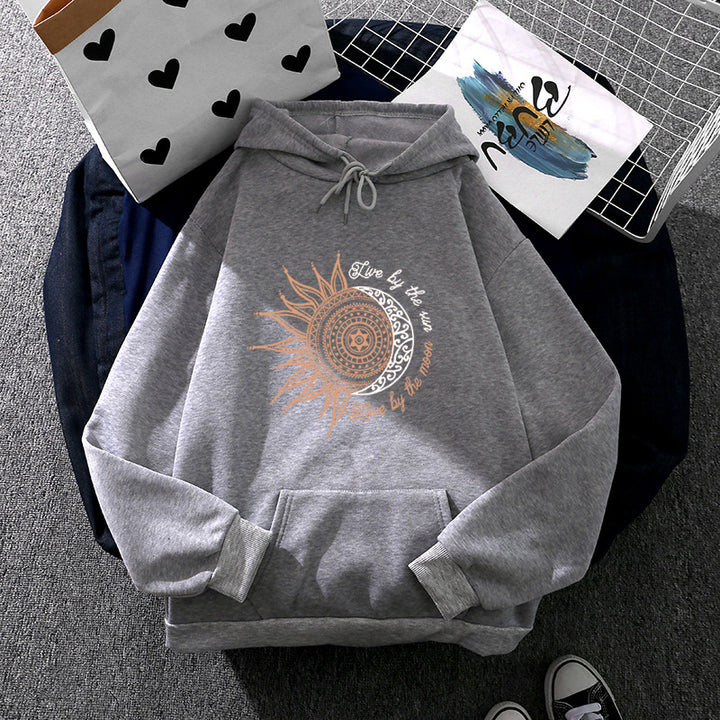 Damen nan Kapuzenpullover mit Sonn-und-Mond-Mandala, Kängurutasche und angerautem Fleece Drune