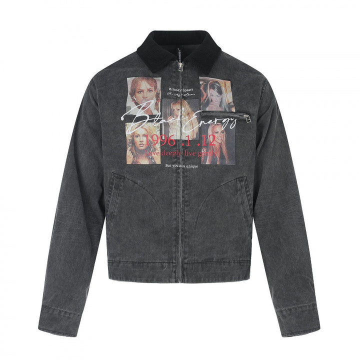 Herren Kurz geschnittene Canvas-Bomberjacke mit Cordkragen und großflächigem Fotocollage‑Print Drune