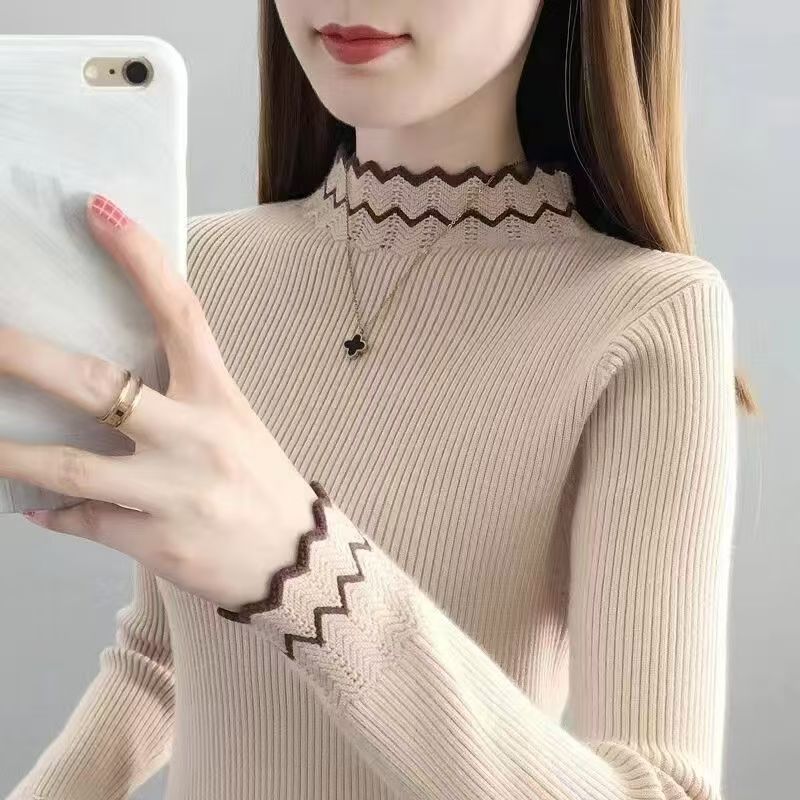 Damen Strickpullover mit steigendem Kragen und Wellenmuster Drune