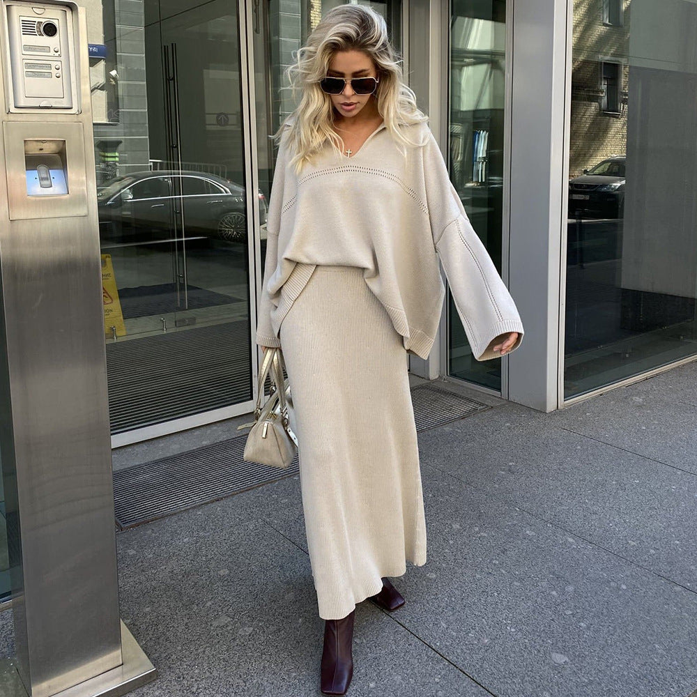 Damen Modisches Strick-Ensemble mit weitem Schnitt und tiefem V-Ausschnitt Drune