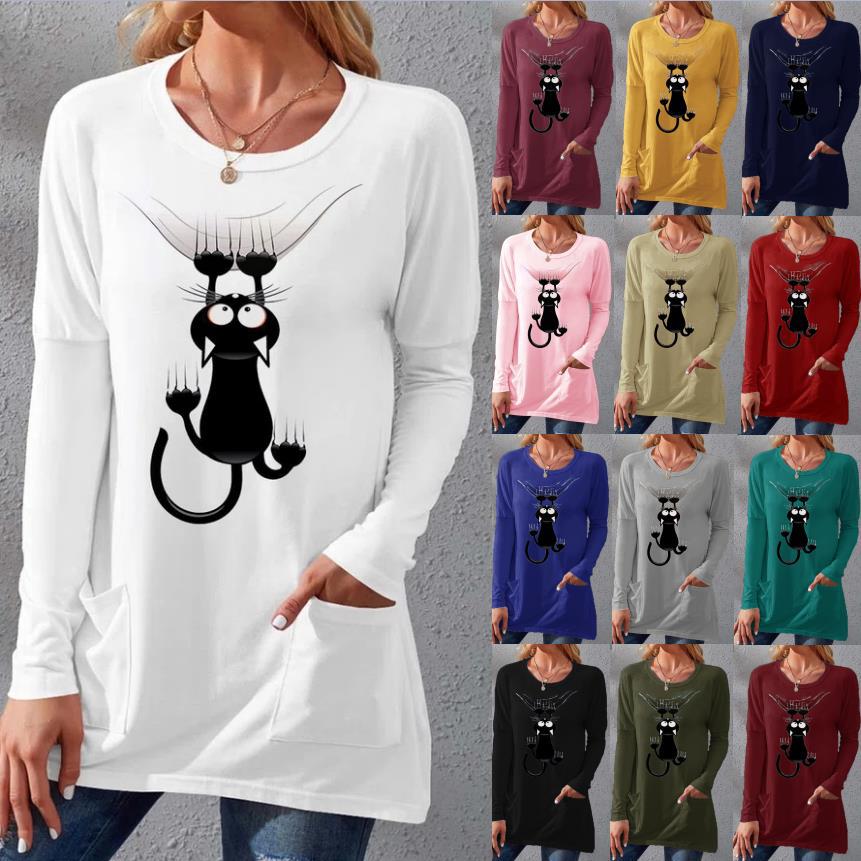 Damen Langere Baumwollmischung Tunika Shirt mit Cartoon-Katzen-Druck und Seitentaschen Drune