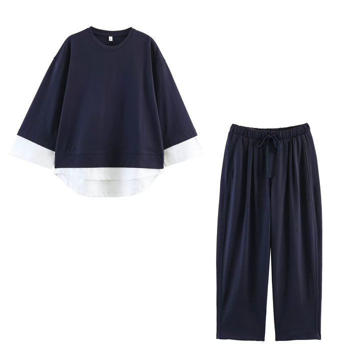 Damen Loungewear-Set aus weichem Jersey mit überlappendem Layer-Top und elastischer Highwaist-Hose Drune