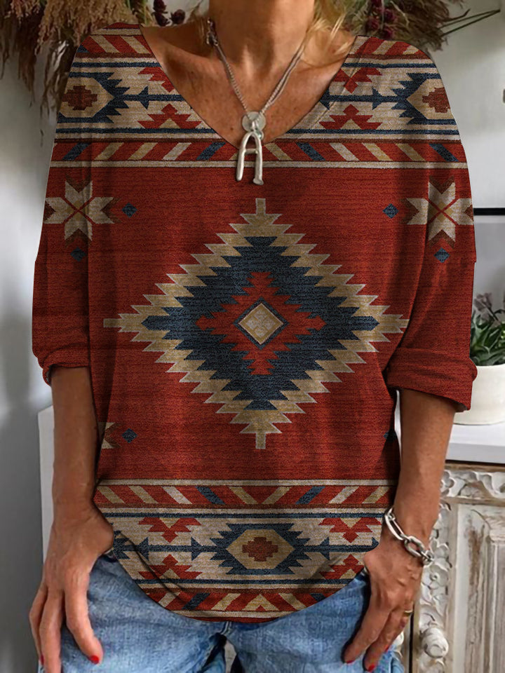 Damen Aztekisch gemustertes Oversize-Tunika-Top mit V-Ausschnitt und dreiviertel-Ärmeln Drune