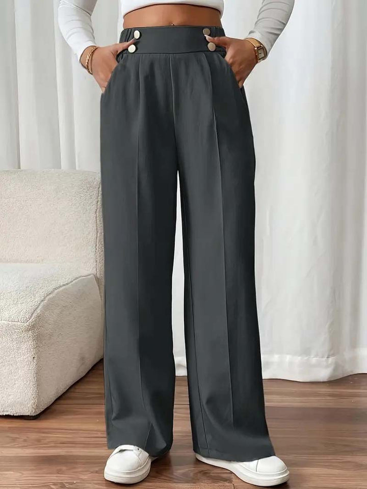Damen Hochtaillierte Weite Palazzo‑Hose mit Bundknöpfen, Bügelfalte und Eingrifftaschen Drune