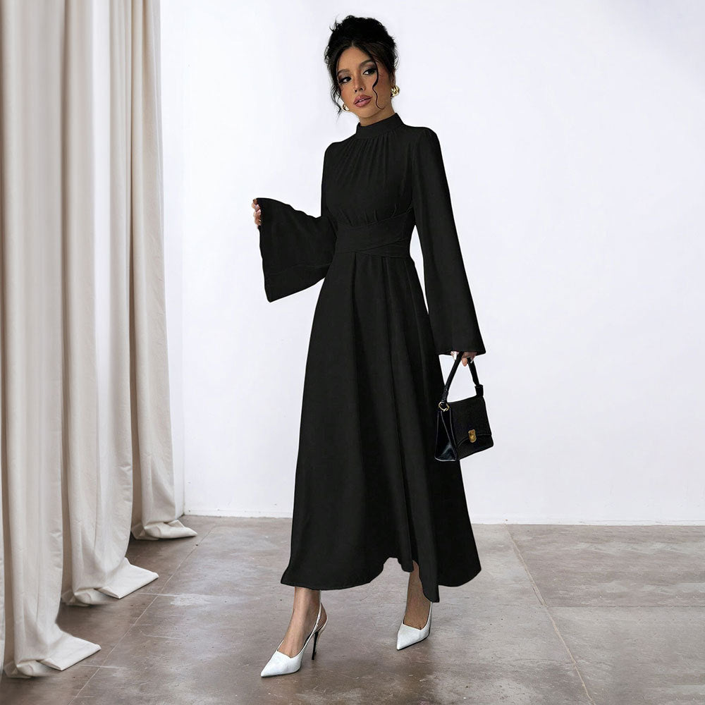 Damen elegantes Maxikleid mit Stehkragen, geraffter Taillenpartie und ausgestelltem A‑Linien‑Rock Drune